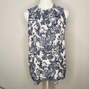 Paisley Printed Blouse Shirt White And Blue Tank Top Size Medium